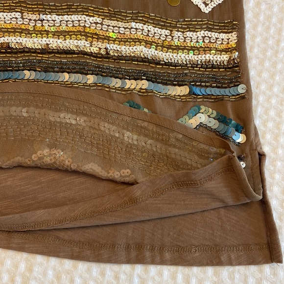 DELETTA ANTHROPOLOGIE S Sequined Beaded Sleeveless Cap Sleeve Shirt Top Tan Blue - Picture 13 of 16